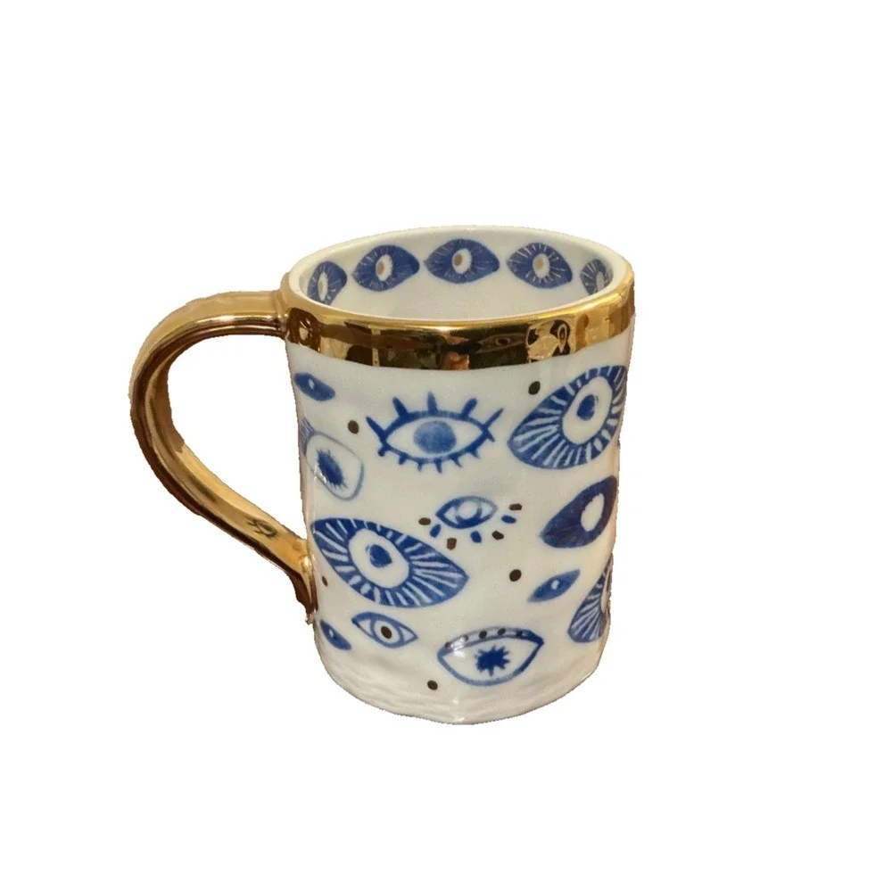 Anthropologie Mug Evil Eye Blue White Gold Handle Ceramic Coffee Cup